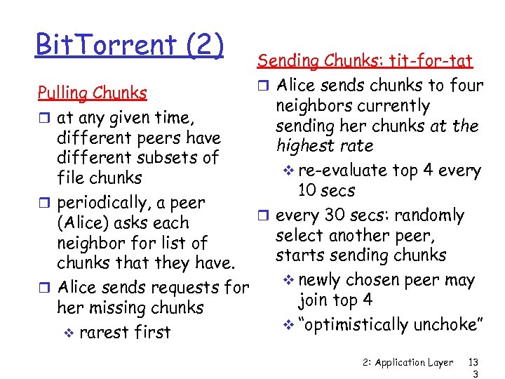 Bit. Torrent (2) Sending Chunks: tit-for-tat Alice sends chunks to four Pulling Chunks neighbors