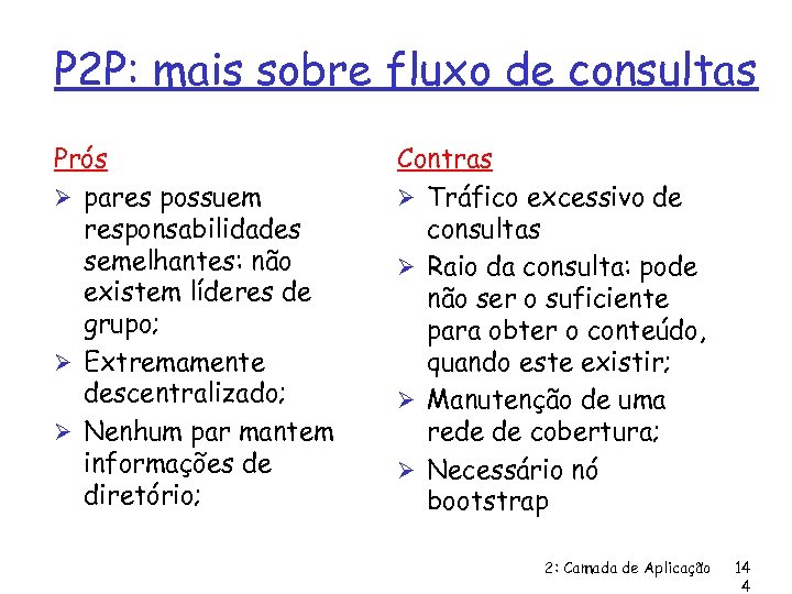 P 2 P: mais sobre fluxo de consultas Prós Ø pares possuem responsabilidades semelhantes: