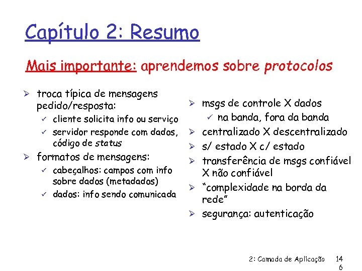 Capítulo 2: Resumo Mais importante: aprendemos sobre protocolos Ø troca típica de mensagens pedido/resposta:
