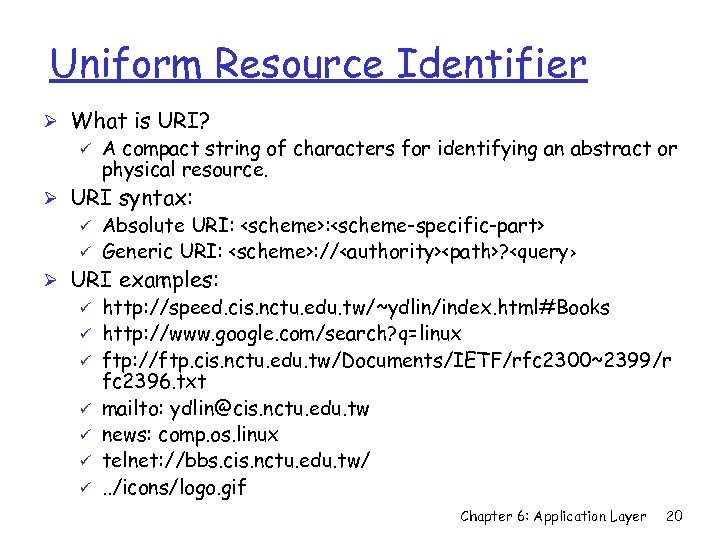 Uniform Resource Identifier Ø What is URI? ü A compact string of characters for