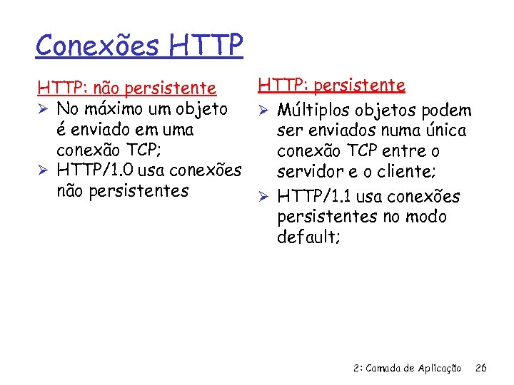Conexões HTTP: persistente HTTP: não persistente Ø No máximo um objeto Ø Múltiplos objetos