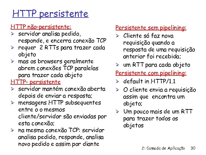 HTTP persistente HTTP não-persistente: Ø servidor analisa pedido, responde, e encerra conexão TCP Ø
