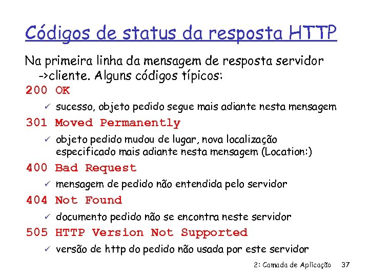 Códigos de status da resposta HTTP Na primeira linha da mensagem de resposta servidor