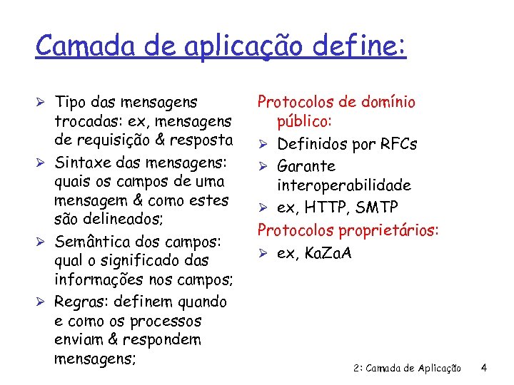 Camada de aplicação define: Ø Tipo das mensagens trocadas: ex, mensagens de requisição &