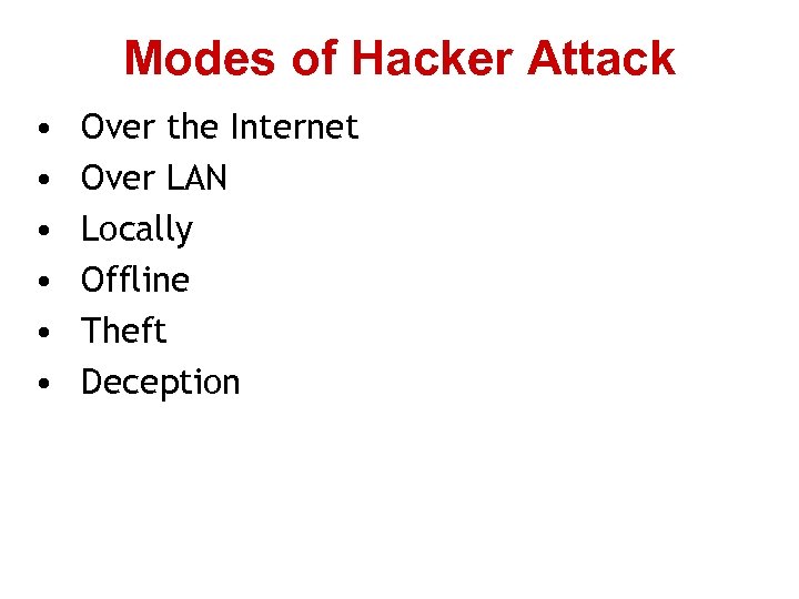 Modes of Hacker Attack • • • Over the Internet Over LAN Locally Offline