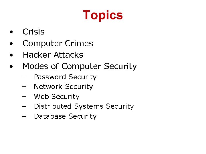 Topics • • Crisis Computer Crimes Hacker Attacks Modes of Computer Security – –