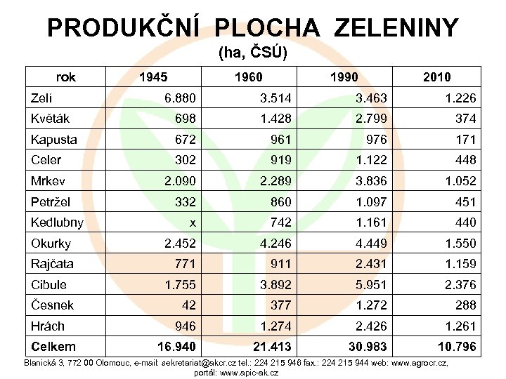 PRODUKČNÍ PLOCHA ZELENINY (ha, ČSÚ) rok Zelí 1945 1960 1990 2010 6. 880 3.