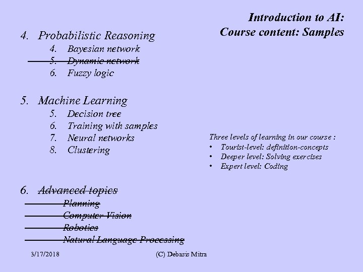 Introduction to AI: Course content: Samples 4. Probabilistic Reasoning 4. 5. 6. Bayesian network