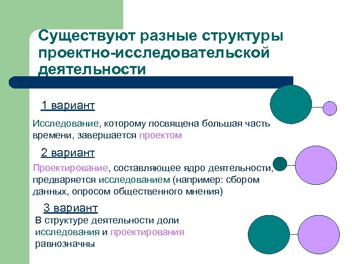 Существуют разные структуры проектно-исследовательской деятельности 1 вариант Исследование, которому посвящена большая часть времени, завершается