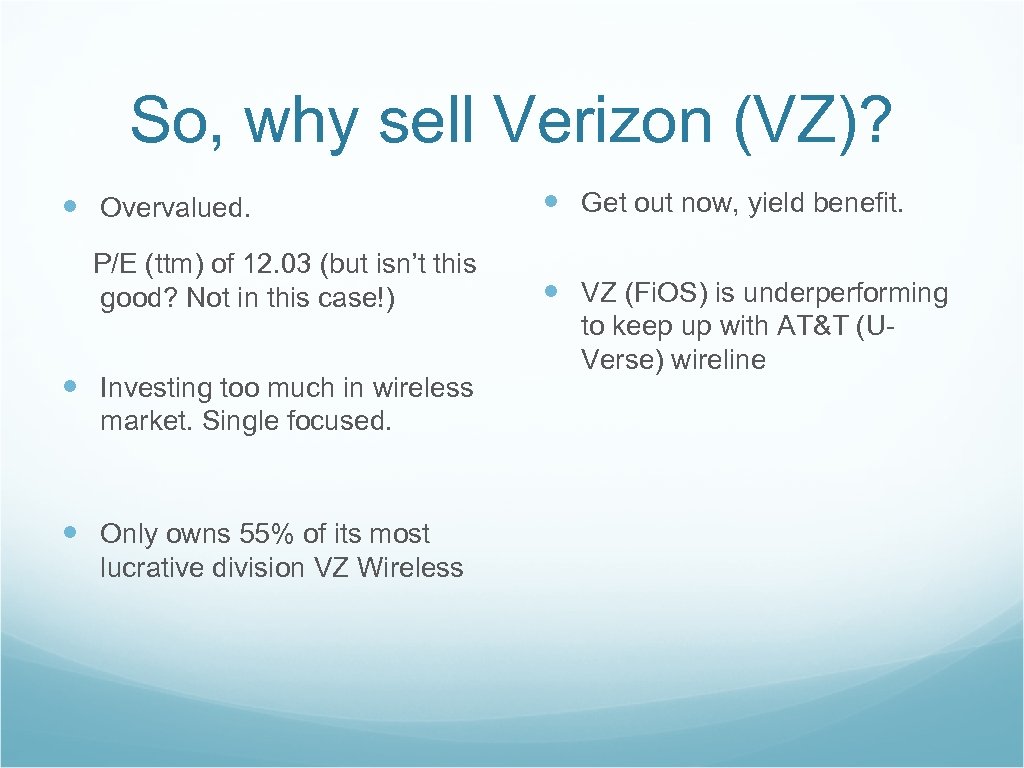 So, why sell Verizon (VZ)? Overvalued. P/E (ttm) of 12. 03 (but isn’t this