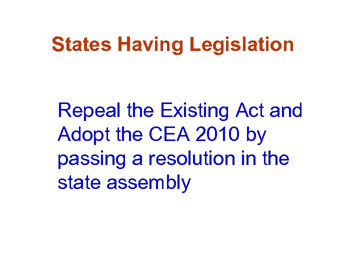 States Having Legislation Repeal the Existing Act and Adopt the CEA 2010 by passing
