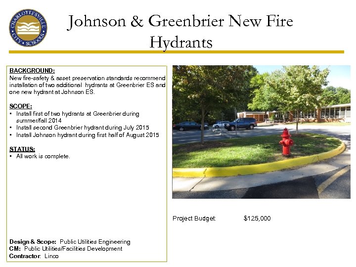 Johnson & Greenbrier New Fire Hydrants BACKGROUND: New fire-safety & asset preservation standards recommend