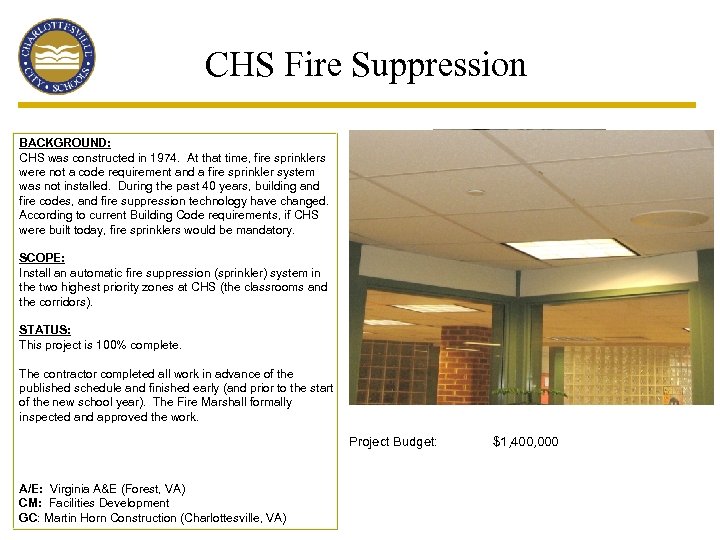 CHS Fire Suppression BACKGROUND: CHS was constructed in 1974. At that time, fire sprinklers