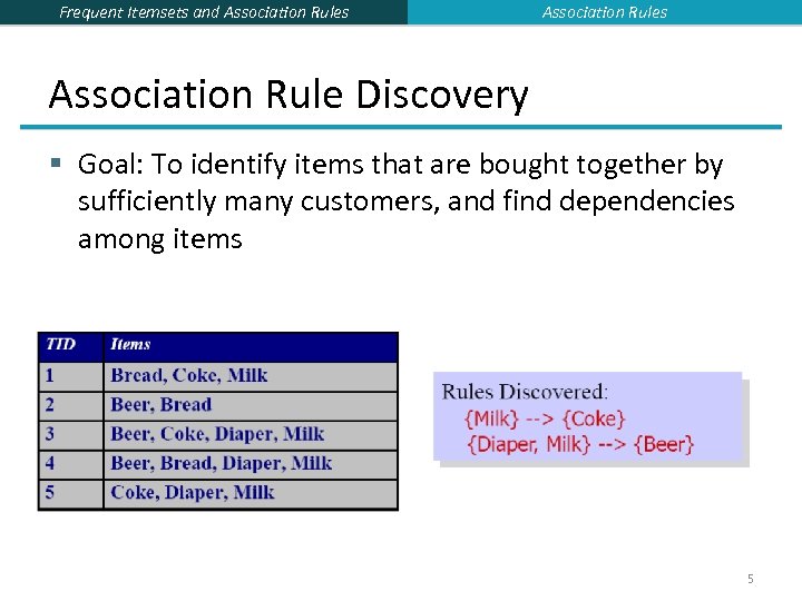 Frequent Itemsets and Association Rules Association Rule Discovery § Goal: To identify items that
