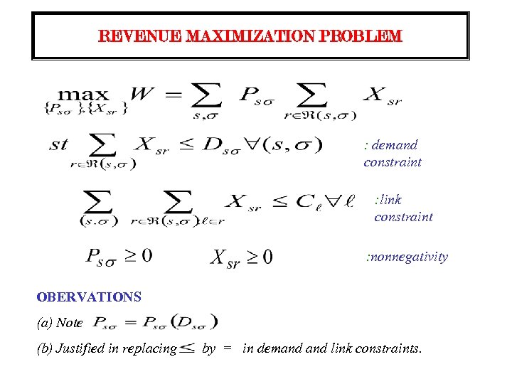 REVENUE MAXIMIZATION PROBLEM : demand constraint : link constraint : nonnegativity OBERVATIONS (a) Note