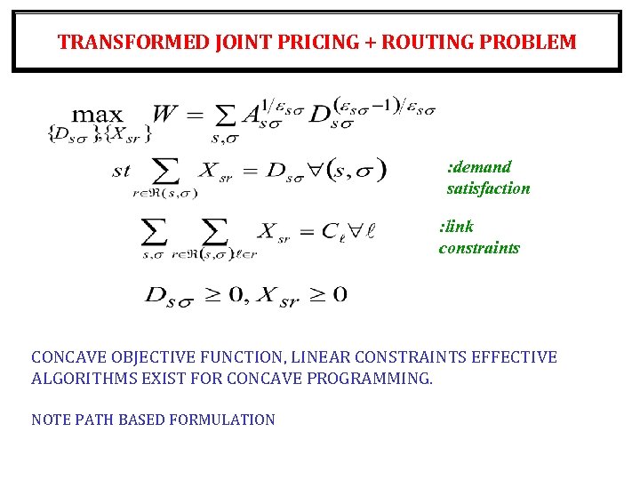 TRANSFORMED JOINT PRICING + ROUTING PROBLEM : demand satisfaction : link constraints CONCAVE OBJECTIVE