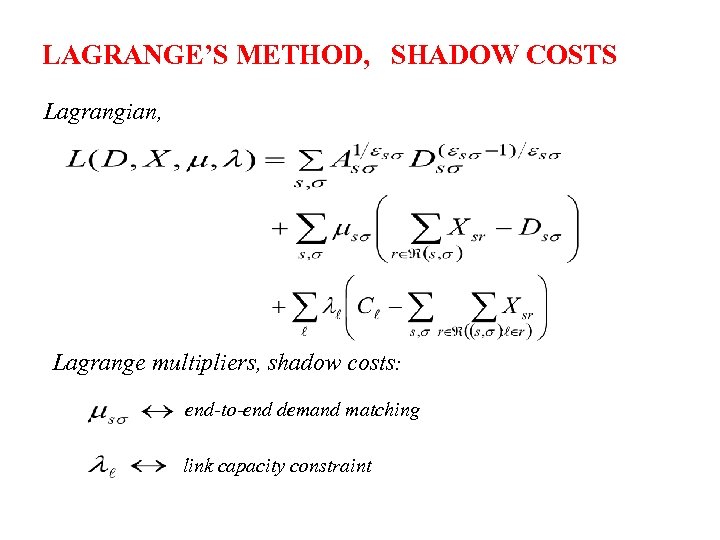 LAGRANGE’S METHOD, SHADOW COSTS Lagrangian, Lagrange multipliers, shadow costs: end-to-end demand matching link capacity