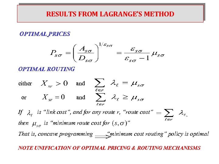RESULTS FROM LAGRANGE’S METHOD OPTIMAL PRICES OPTIMAL ROUTING either and or and If then