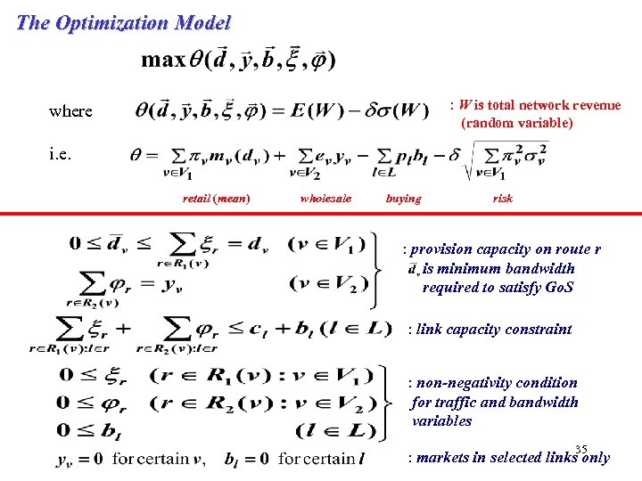 The Optimization Model : W is total network revenue (random variable) where i. e.
