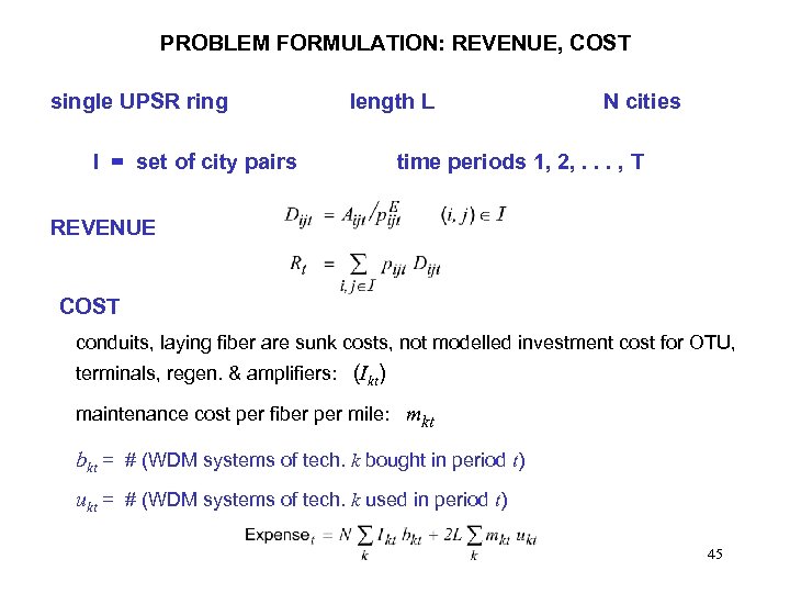 PROBLEM FORMULATION: REVENUE, COST single UPSR ring length L I = set of city