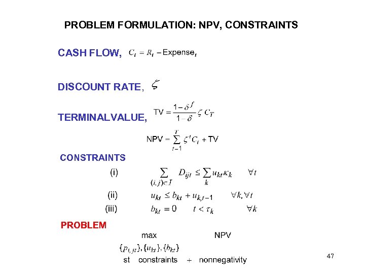 PROBLEM FORMULATION: NPV, CONSTRAINTS CASH FLOW, DISCOUNT RATE, TERMINALVALUE, CONSTRAINTS PROBLEM 47 