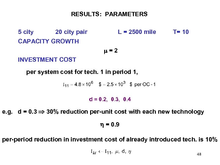 RESULTS: PARAMETERS 5 city 20 city pair L = 2500 mile T= 10 CAPACITY
