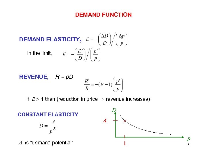 DEMAND FUNCTION DEMAND ELASTICITY, In the limit, REVENUE, R = p. D if E