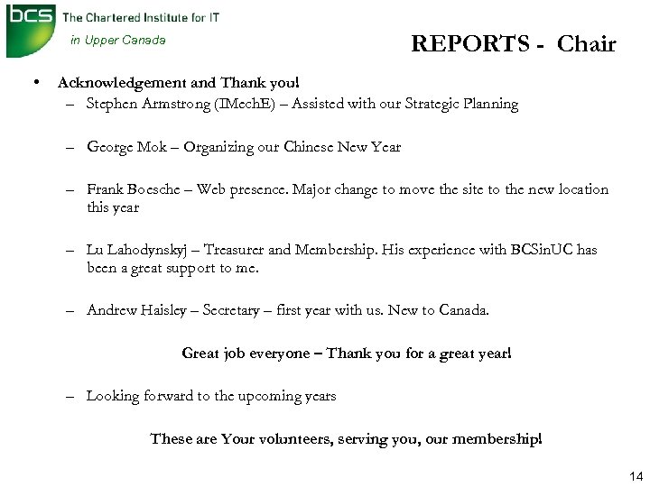 REPORTS - Chair in Upper Canada • Acknowledgement and Thank you! – Stephen Armstrong