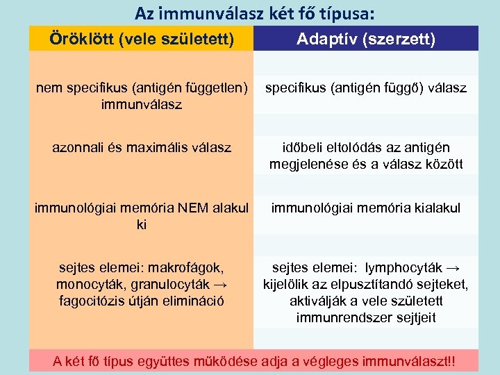 Az immunválasz két fő típusa: Öröklött (vele született) Adaptív (szerzett) nem specifikus (antigén független)