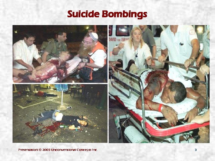 Suicide Bombings Presentation © 2003 Unconventional Concepts Inc. 3 