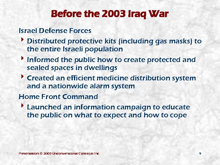 Before the 2003 Iraq War Israel Defense Forces 4 Distributed protective kits (including gas