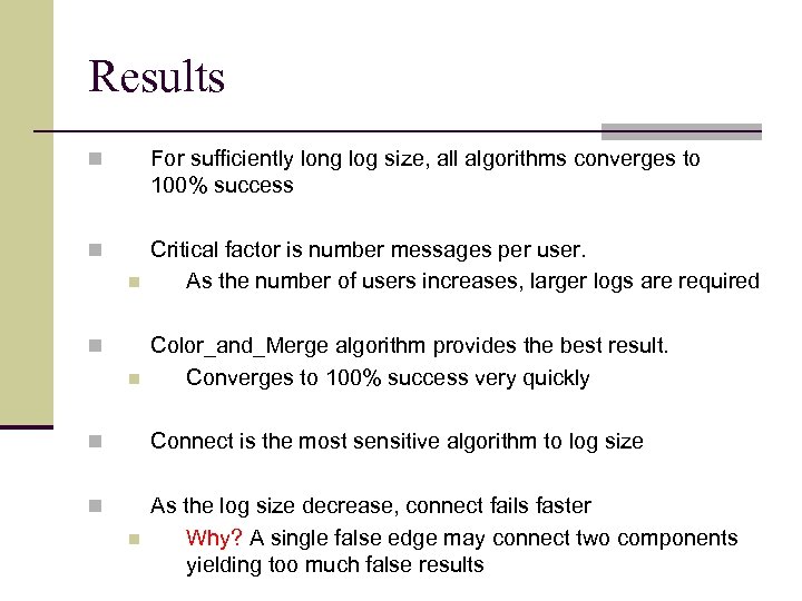 Results n For sufficiently long log size, all algorithms converges to 100% success n