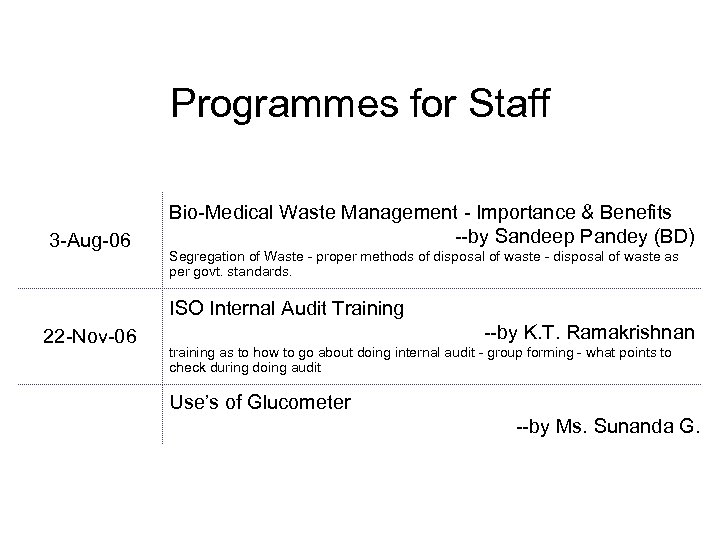 Programmes for Staff 3 -Aug-06 Bio-Medical Waste Management - Importance & Benefits --by Sandeep