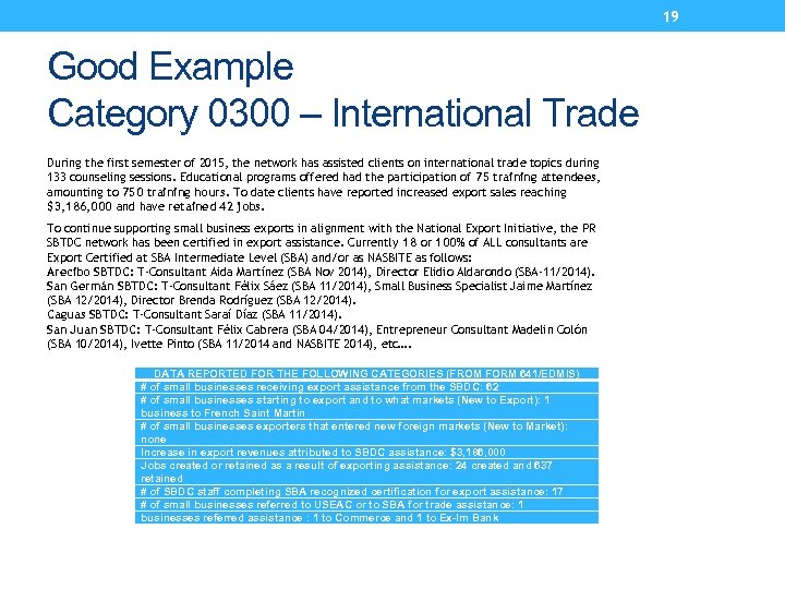 19 Good Example Category 0300 – International Trade During the first semester of 2015,