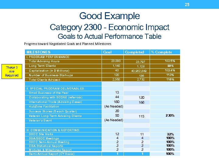25 Good Example Category 2300 - Economic Impact Goals to Actual Performance Table Progress