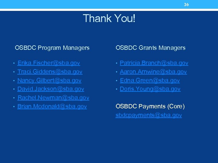 36 Thank You! OSBDC Program Managers OSBDC Grants Managers • Erika. Fischer@sba. gov •
