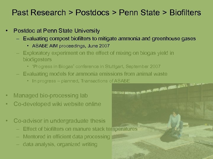 Past Research > Postdocs > Penn State > Biofilters • Postdoc at Penn State