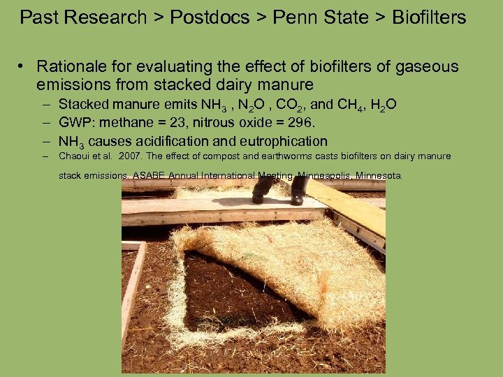 Past Research > Postdocs > Penn State > Biofilters • Rationale for evaluating the