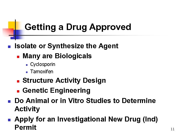 Getting a Drug Approved n Isolate or Synthesize the Agent n Many are Biologicals