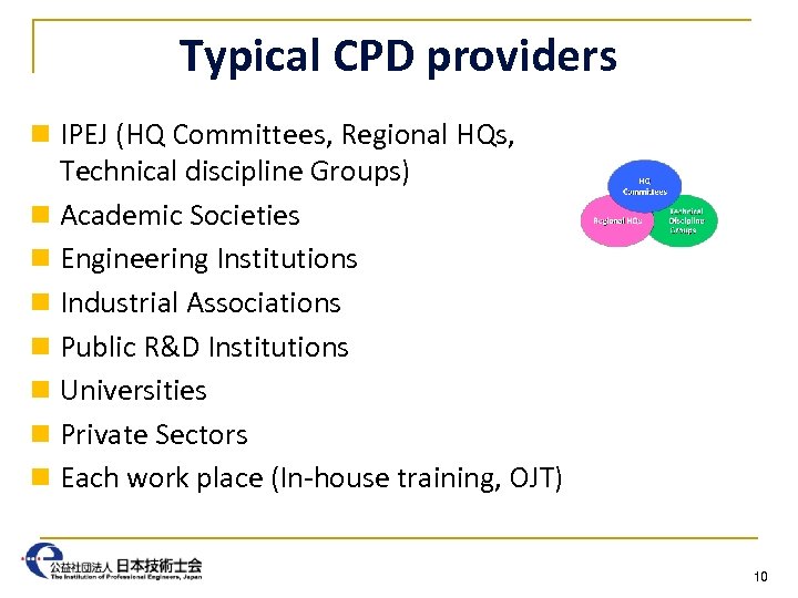 Typical CPD providers n IPEJ (HQ Committees, Regional HQs, Technical discipline Groups) n Academic