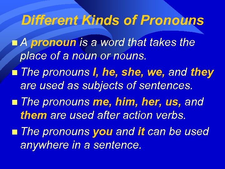 Different Kinds of Pronouns n. A pronoun is a word that takes the place