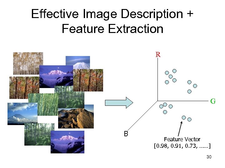 Effective Image Description + Feature Extraction R G B B Feature Vector [0. 98,