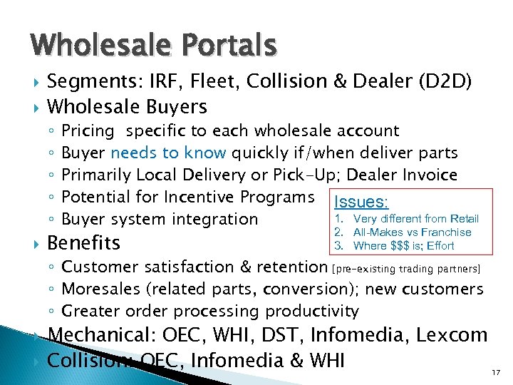 Wholesale Portals Segments: IRF, Fleet, Collision & Dealer (D 2 D) Wholesale Buyers ◦