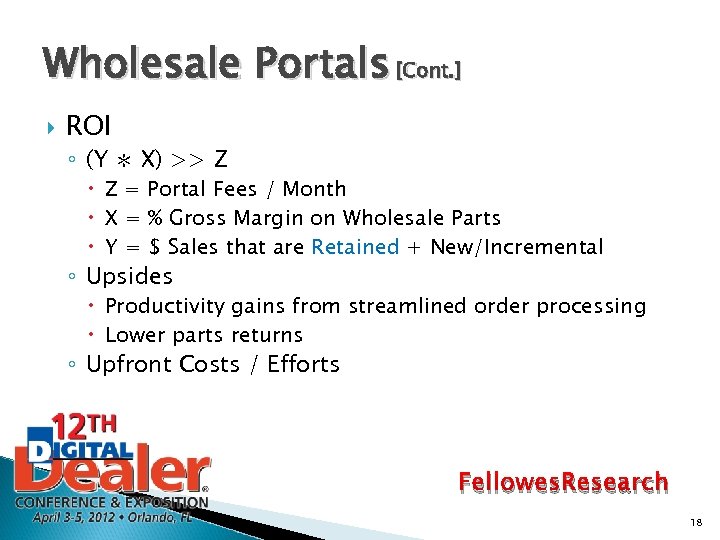 Wholesale Portals [Cont. ] ROI ◦ (Y ∗ X) >> Z Z = Portal