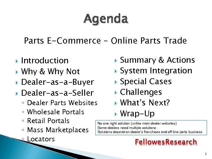 Agenda Parts E-Commerce – Online Parts Trade Introduction Why & Why Not Dealer-as-a-Buyer Dealer-as-a-Seller