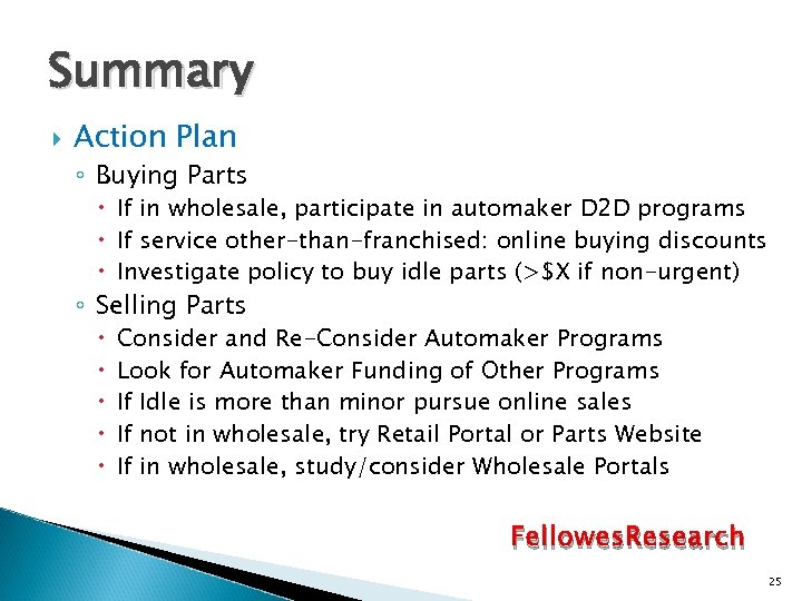 Summary Action Plan ◦ Buying Parts If in wholesale, participate in automaker D 2