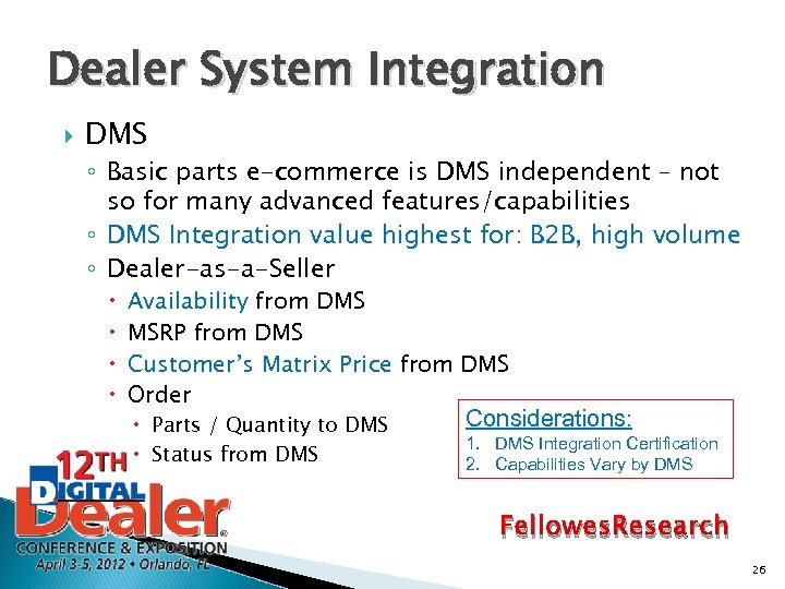 Dealer System Integration DMS ◦ Basic parts e-commerce is DMS independent – not so