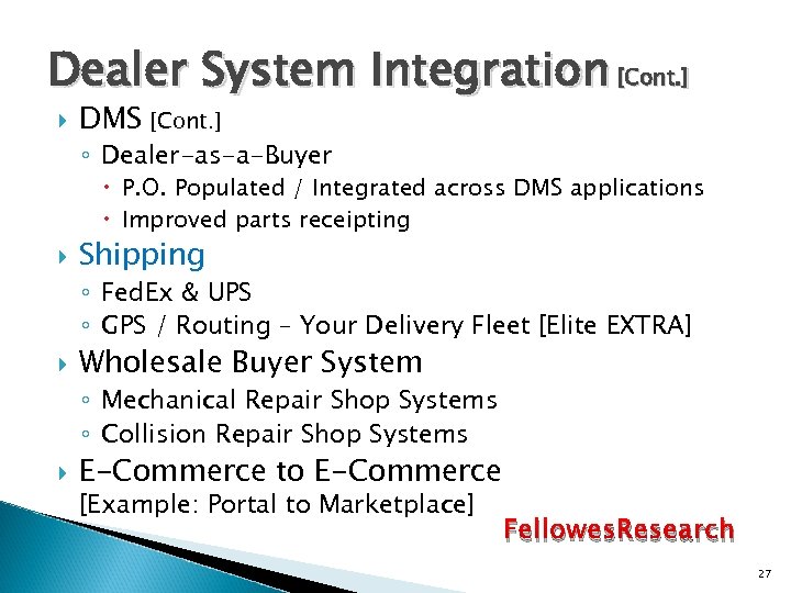 Dealer System Integration [Cont. ] DMS [Cont. ] ◦ Dealer-as-a-Buyer P. O. Populated /