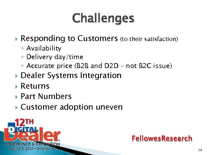 Challenges Responding to Customers (to their satisfaction) ◦ Availability ◦ Delivery day/time ◦ Accurate