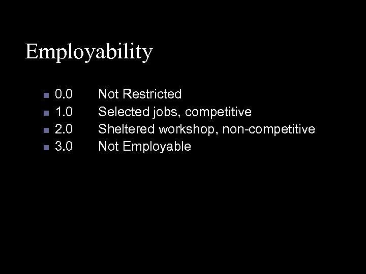 Employability n n 0. 0 1. 0 2. 0 3. 0 Not Restricted Selected